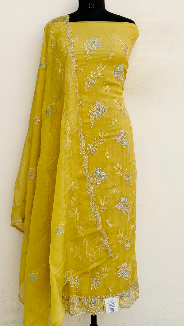 Designer Embroidered Suit Length 3 Piece Yellow Organza With Stone & Sequence Work
