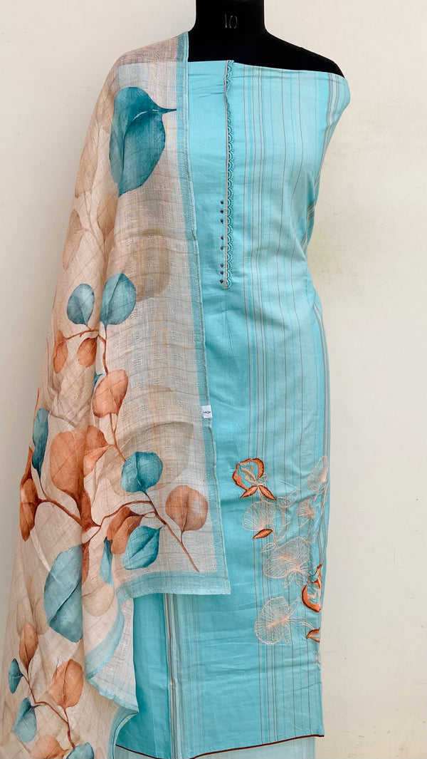 Designer Embroidered Suit Length 3 Piece Blue Mal Cotton
