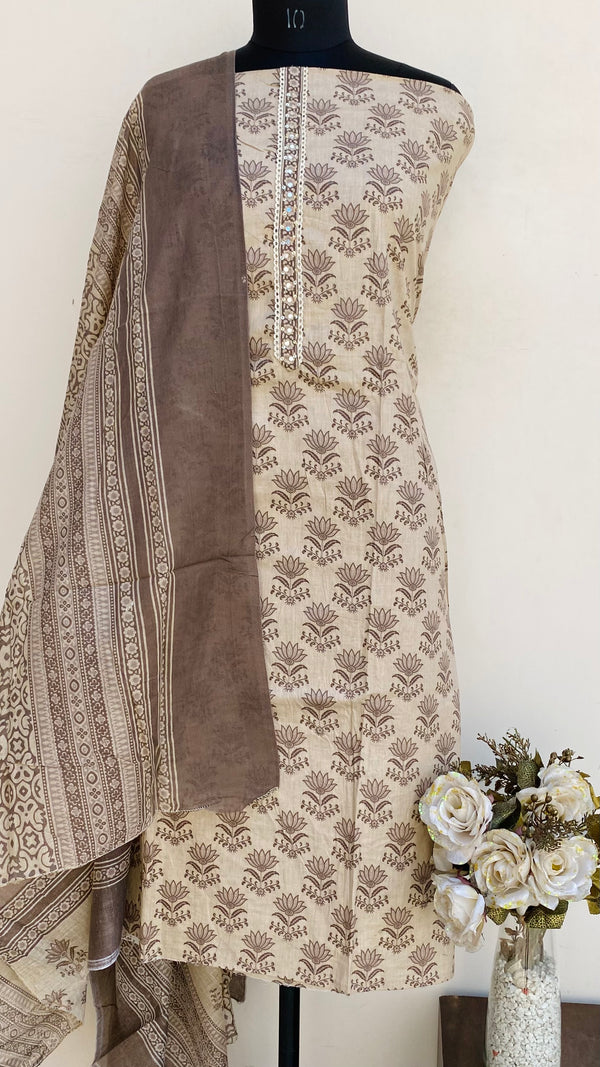 Designer Embroidered Suit Length 3 Piece Beige Mal Cotton