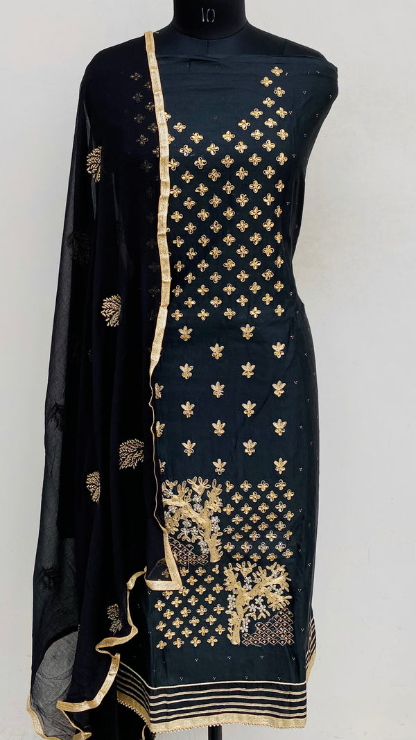 Designer Embroidered Suit Length 3 Piece Black Mal Cotton With Pearl & Stone Work
