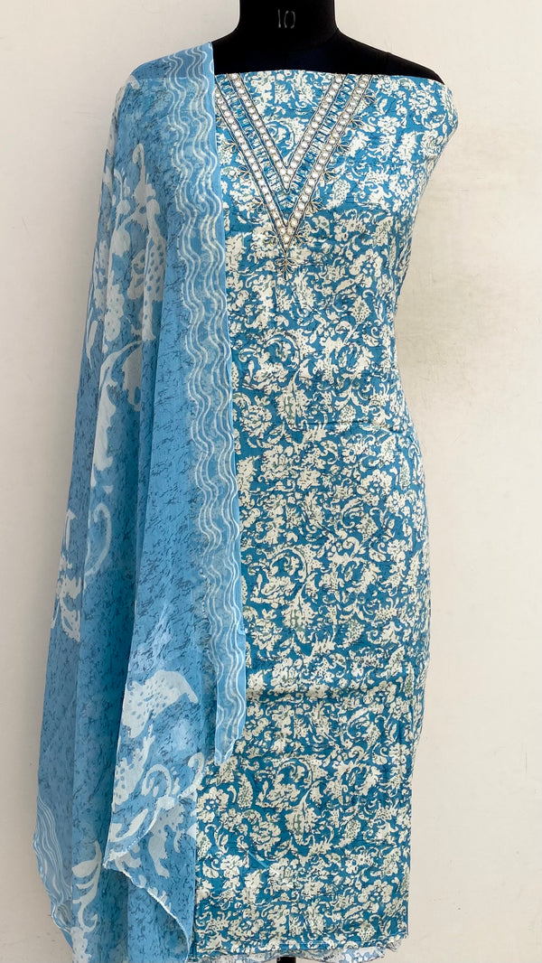 Designer Embroidered Suit Length 3 Piece Blue Mal Cotton With Sequence Work