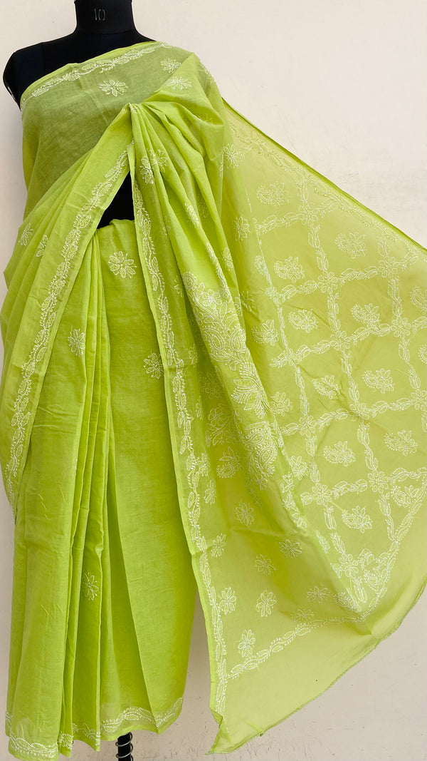 Lucknowi Chikankari Saree Parrot Green Cotton