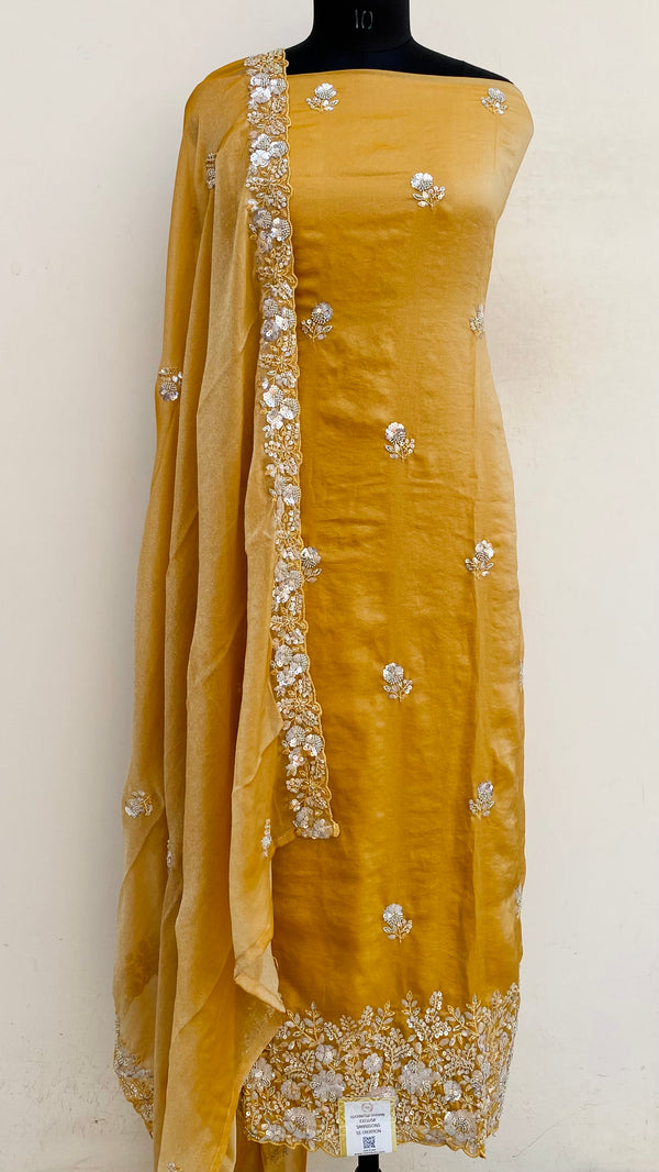 Designer Embroidered Suit Length 3 Piece Beige Tissue With Cutdana & Sequence Work