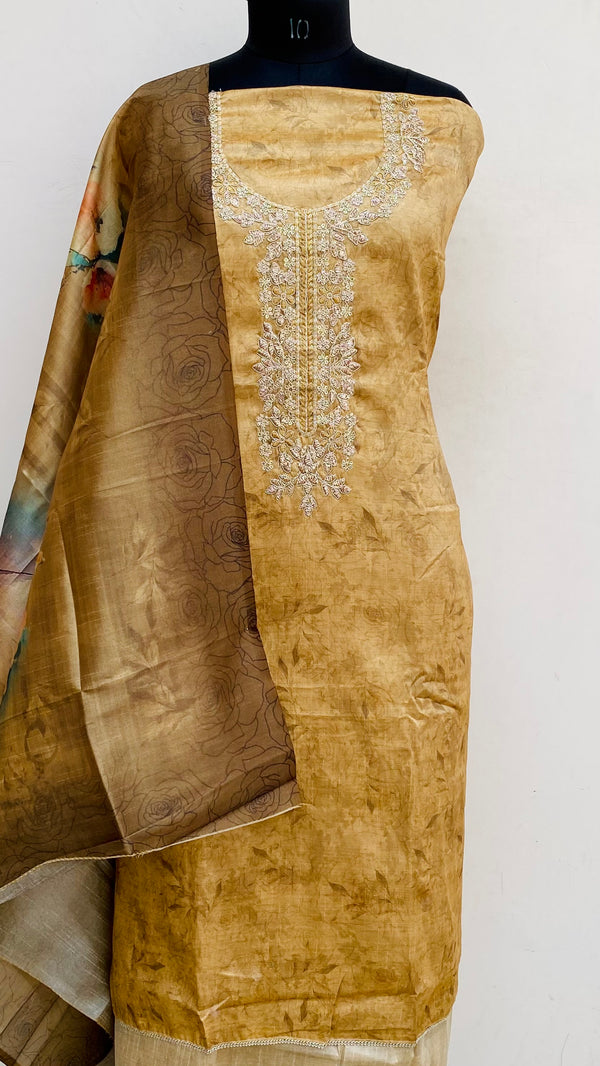 Designer Embroidered Suit Length 3 Piece Brown Mal Chanderi With Sequence Work