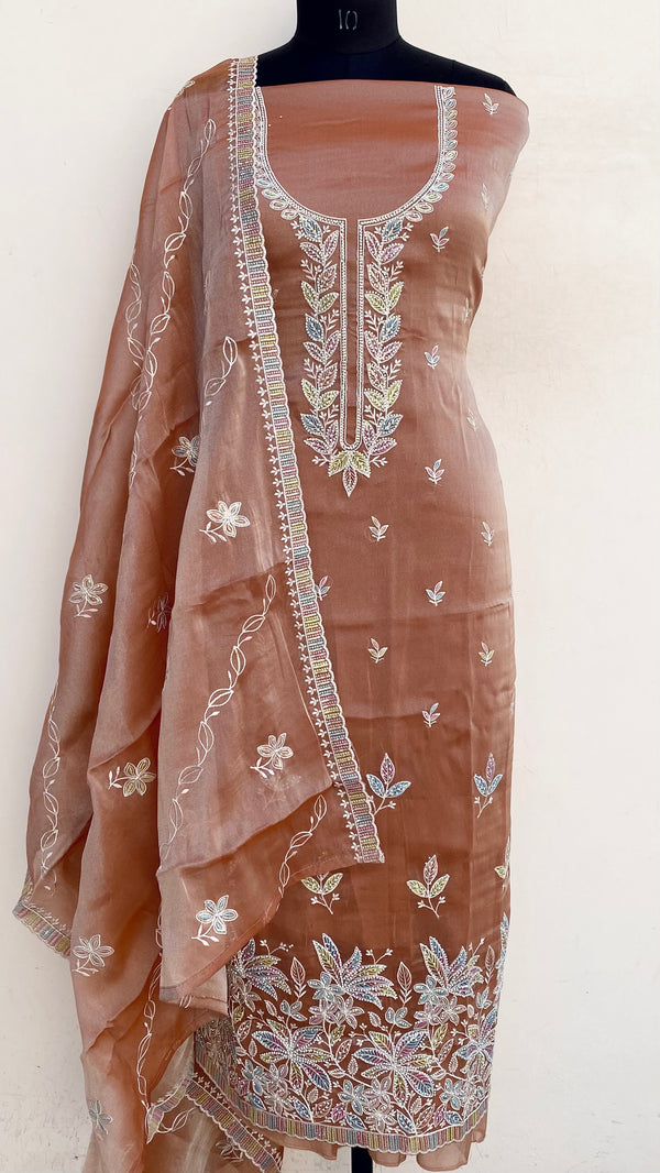 Designer Embroidered Suit Length 3 Piece Brown Tissue With Stone Work