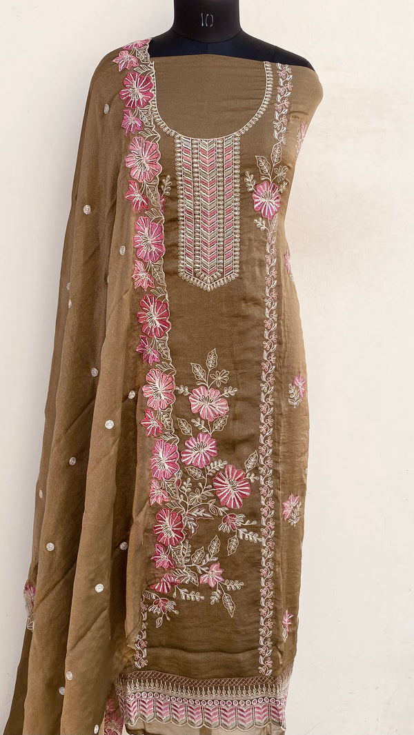 Designer Embroidered Suit Length 3 Piece Brown Tissue With Sequence Work