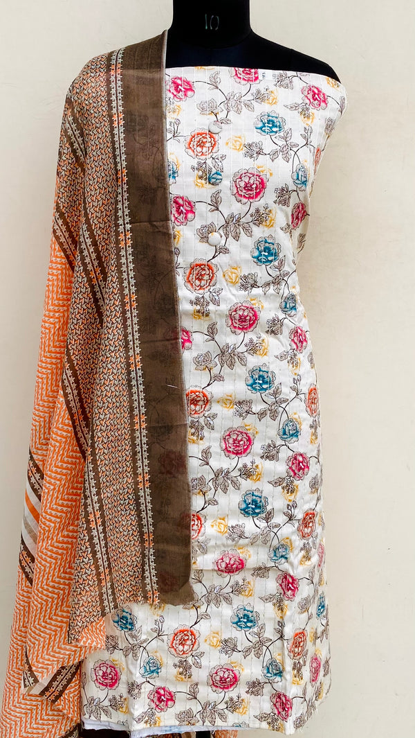 Designer Embroidered Suit Length 3 Piece Cream Mal Cotton With Sequence Work