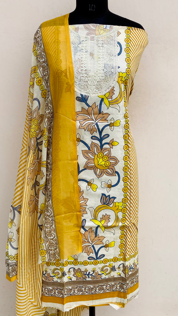 Designer Embroidered Suit Length 3 Piece Cream Mal Cotton With Sequence Work