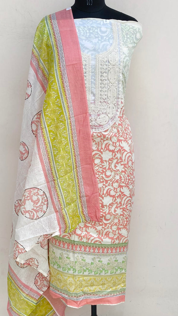 Designer Embroidered Suit Length 3 Piece Cream Mal Cotton With Sequence Work