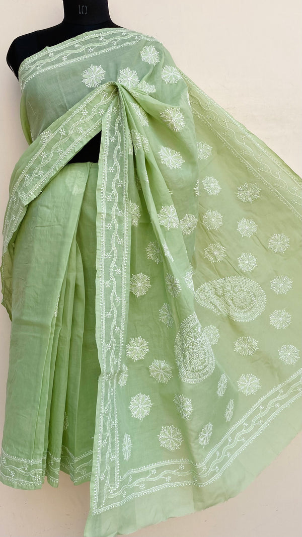 Lucknowi Chikankari Saree Green Cotton