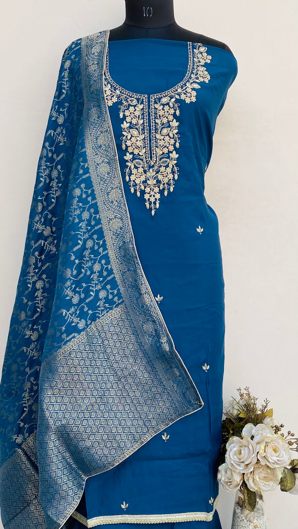 Designer Embroidered Suit Length 3 Piece Blue Mal Chanderi With Sequence Work