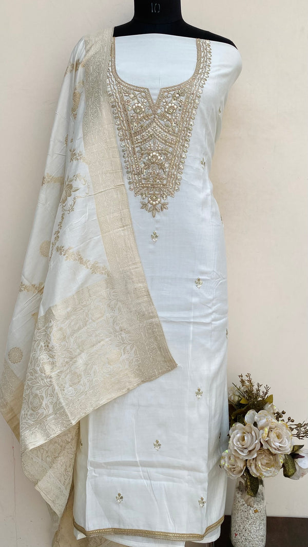 Designer Embroidered Suit Length 3 Piece White Mal Chanderi With Sequence Work