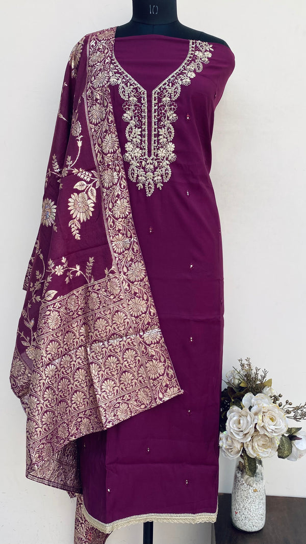 Designer Embroidered Suit Length 3 Piece Wine Mal Chanderi With Sequence Work