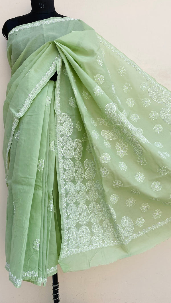 Lucknowi Chikankari Saree Teal Green Cotton