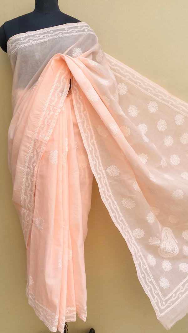 Lucknowi Chikankari Saree Peach Cotton
