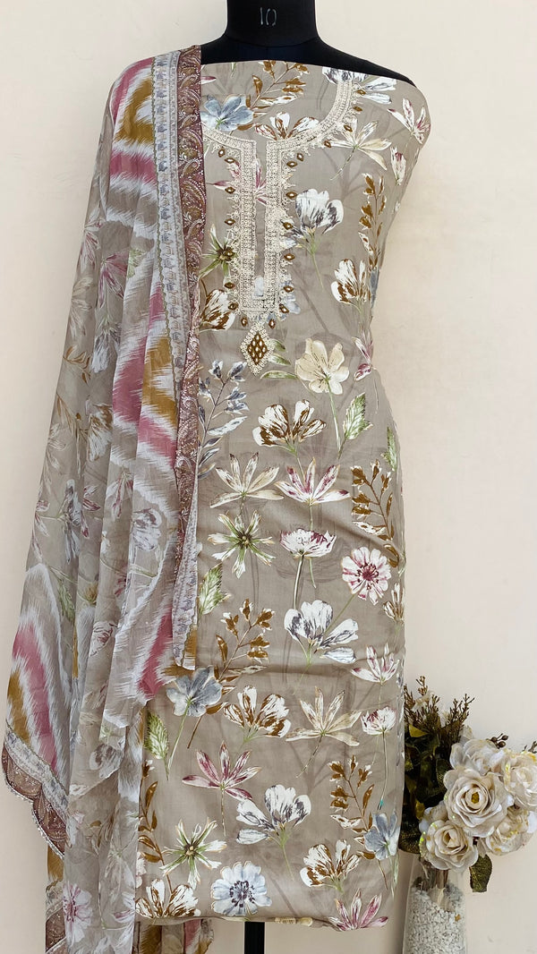 Designer Embroidered Suit Length 3 Piece Brown Mal Cotton With Sequence Work