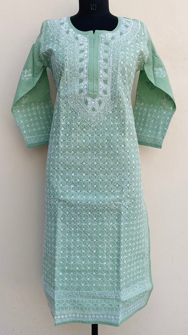 Lucknowi Chikankari Kurti Teal Green Cotton With Jaali Work