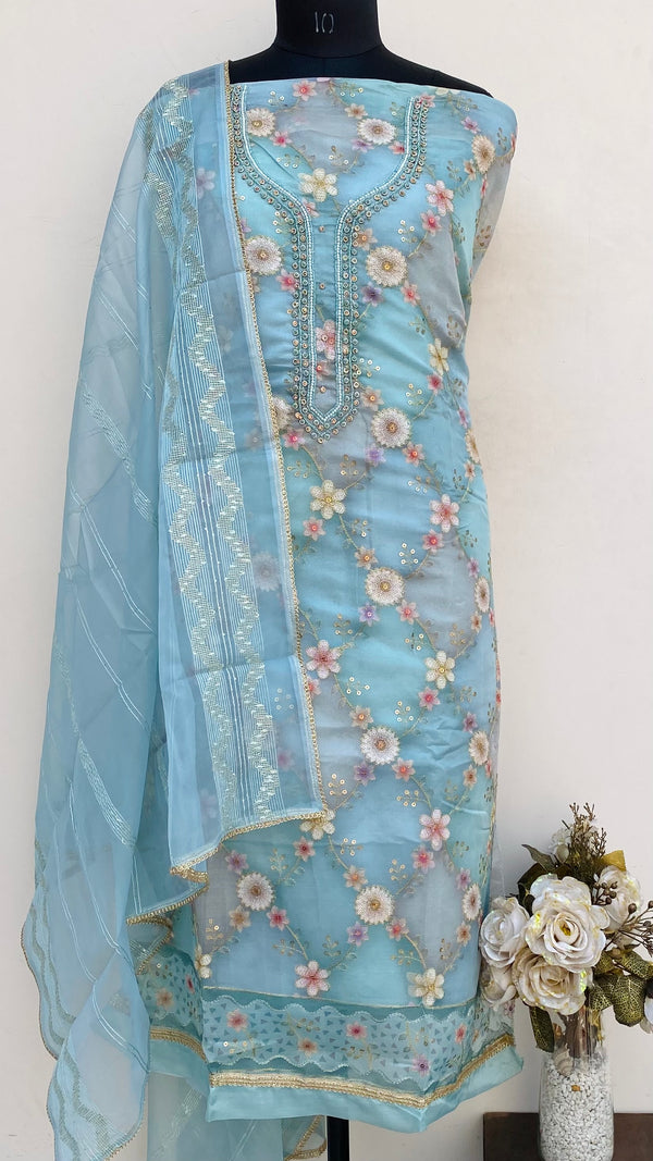 Designer Embroidered Suit Length 3 Piece Blue Organza With Pearl & Sequence Work