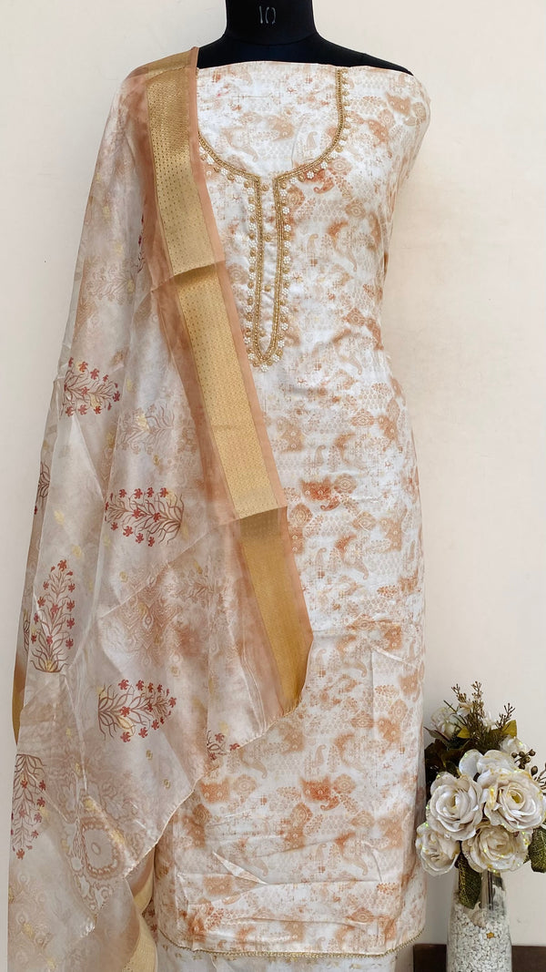 Designer Embroidered Suit Length 3 Piece Cream Mal Chanderi With Pearl Work