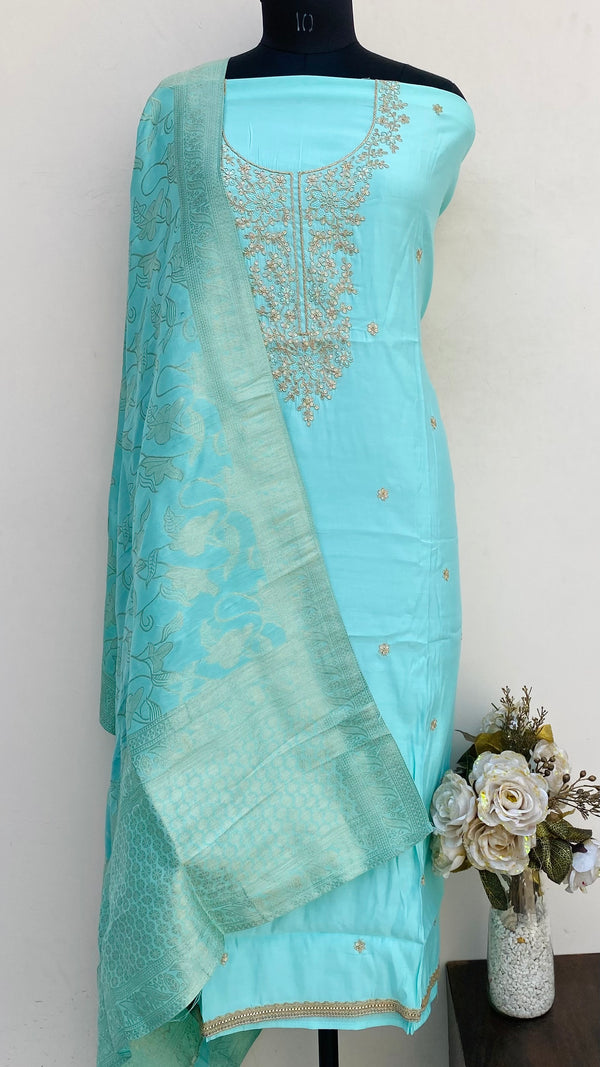 Designer Embroidered Suit Length 3 Piece Sea Green Mal Chanderi With Sequence Work