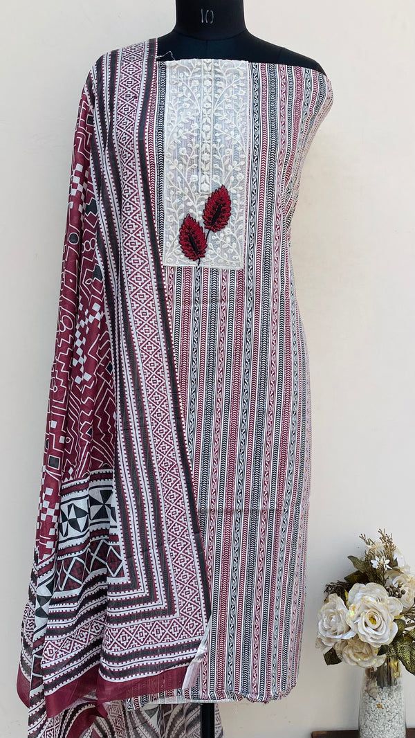 Designer Embroidered Suit Length 3 Piece Cream Mal Cotton With Sequence Work