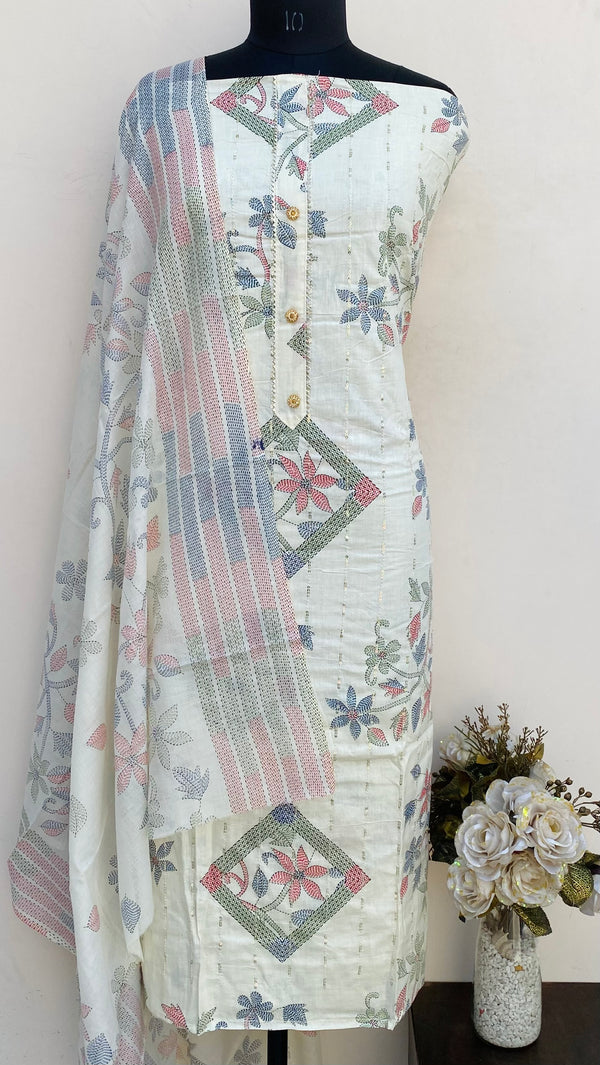 Designer Embroidered Suit Length 3 Piece Cream Mal Cotton With Sequence Work