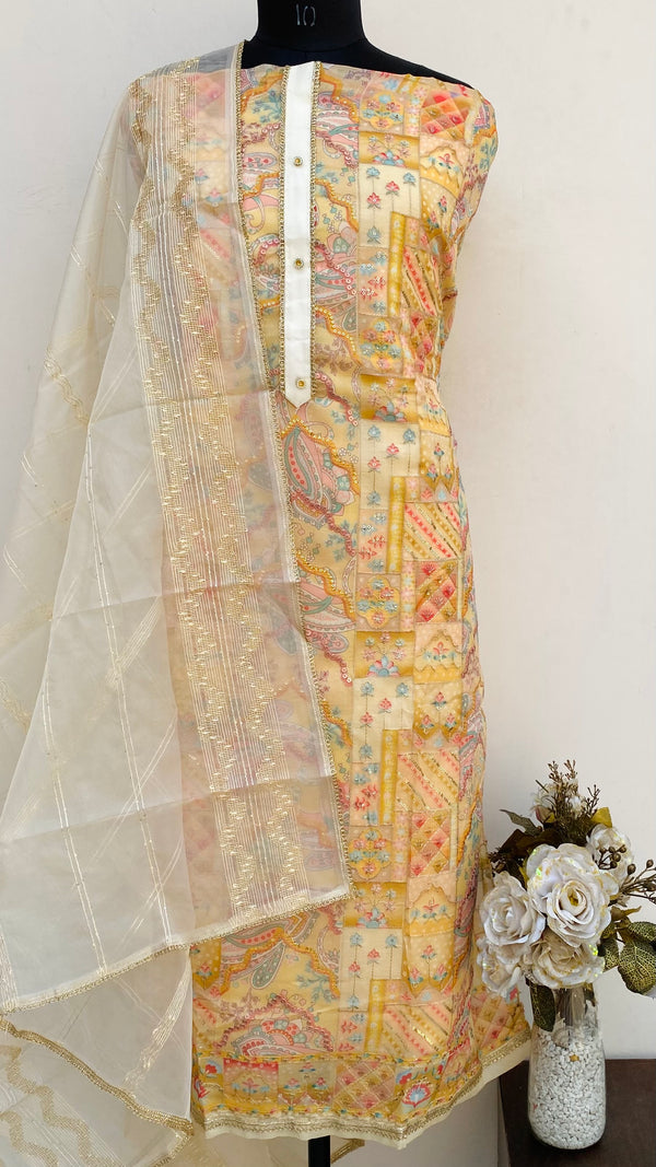 Designer Embroidered Suit Length 3 Piece Yellow Organza With Sequence Work