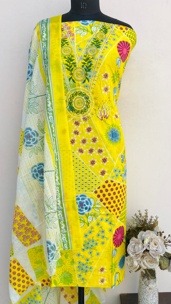 Designer Embroidered Suit Length 3 Piece Yellow  Mal Cotton With Sequence Work