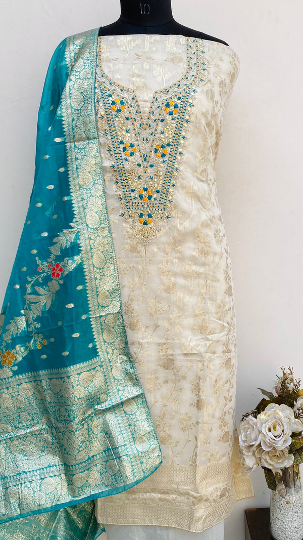 Designer Embroidered Suit Length 3 Piece Cream Mal Chanderi With Sequence Work