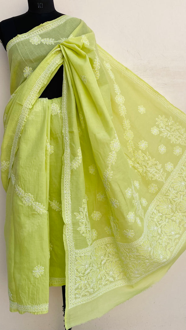 Lucknowi Chikankari Saree Parrot Green Cotton