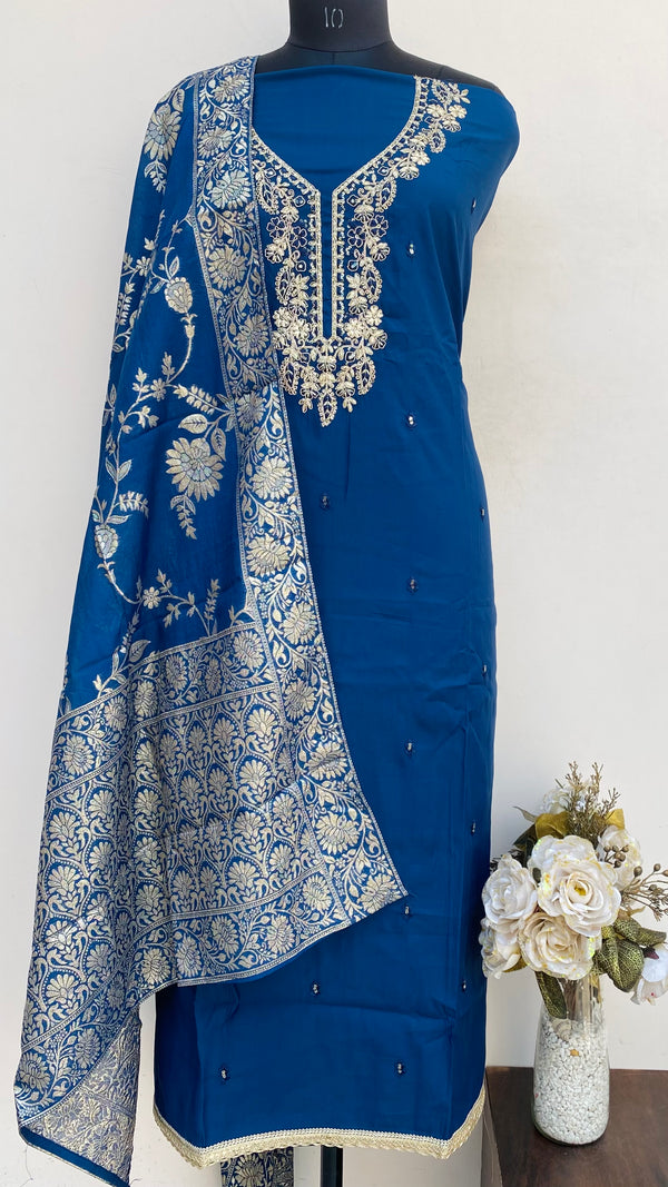Designer Embroidered Suit Length 3 Piece Blue Mal Chanderi With Sequence Work