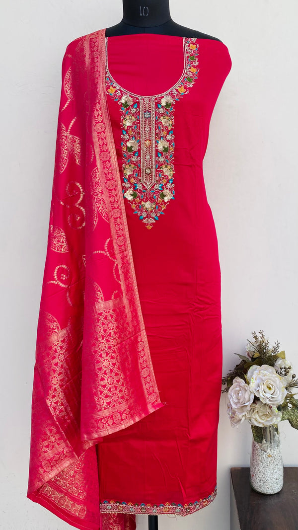 Designer Embroidered Suit Length 3 Piece Pink Muslin Cotton With Sequence Work