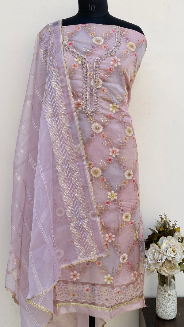 Designer Embroidered Suit Length 3 Piece Pink Organza With Pearl & Sequence Work