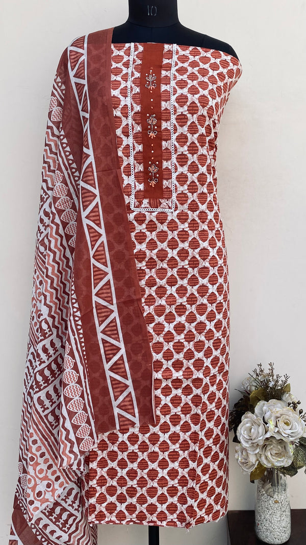 Designer Embroidered Suit Length 3 Piece Brown Mal Cotton With Cutdana Work