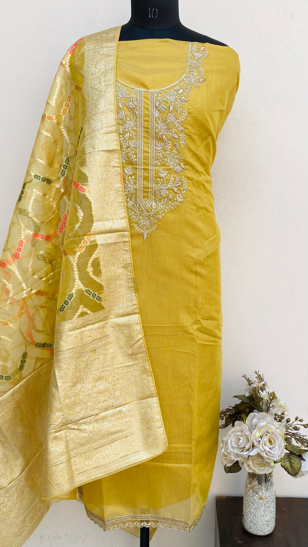 Designer Embroidered Suit Length 3 Piece Yellow Mal Chanderi With Sequence Work