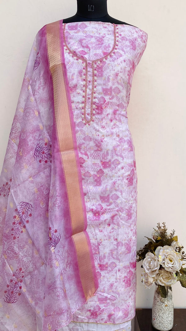 Designer Embroidered Suit Length 3 Piece Purple Mal Chanderi With Pearl Work