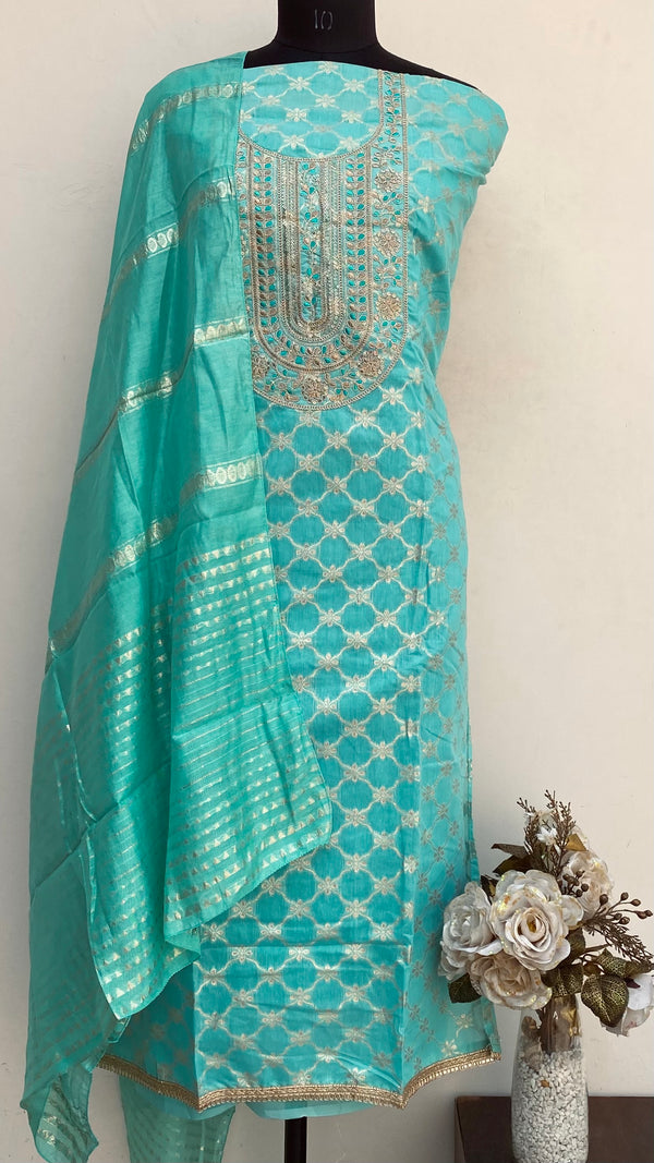 Designer Embroidered Suit Length 3 Piece Sea Green Mal Chanderi With Sequence Work