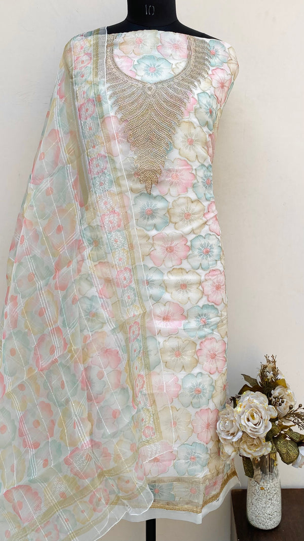 Designer Embroidered Suit Length 3 Piece White Organza With Sequence & Stone Work
