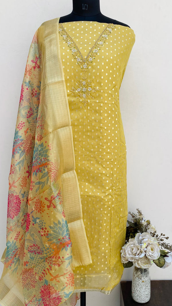 Designer Embroidered Suit Length 3 Piece Yellow Mal Chanderi With Pearl & Cutdana Work