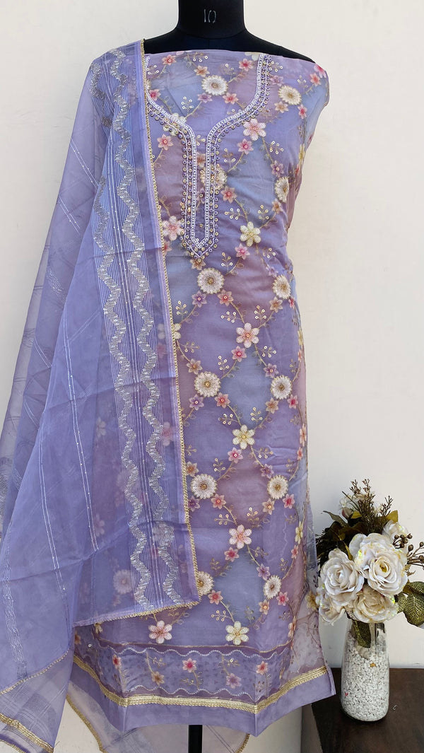 Designer Embroidered Suit Length 3 Piece Purple Organza With Pearl & Sequence Work