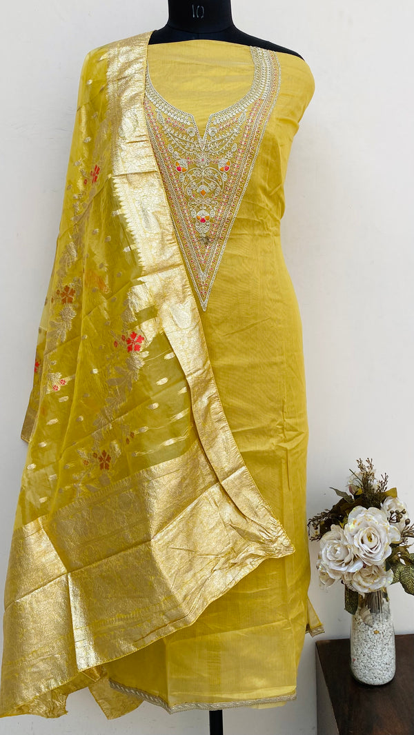 Designer Embroidered Suit Length 3 Piece Yellow Mal Chanderi With Sequence Work