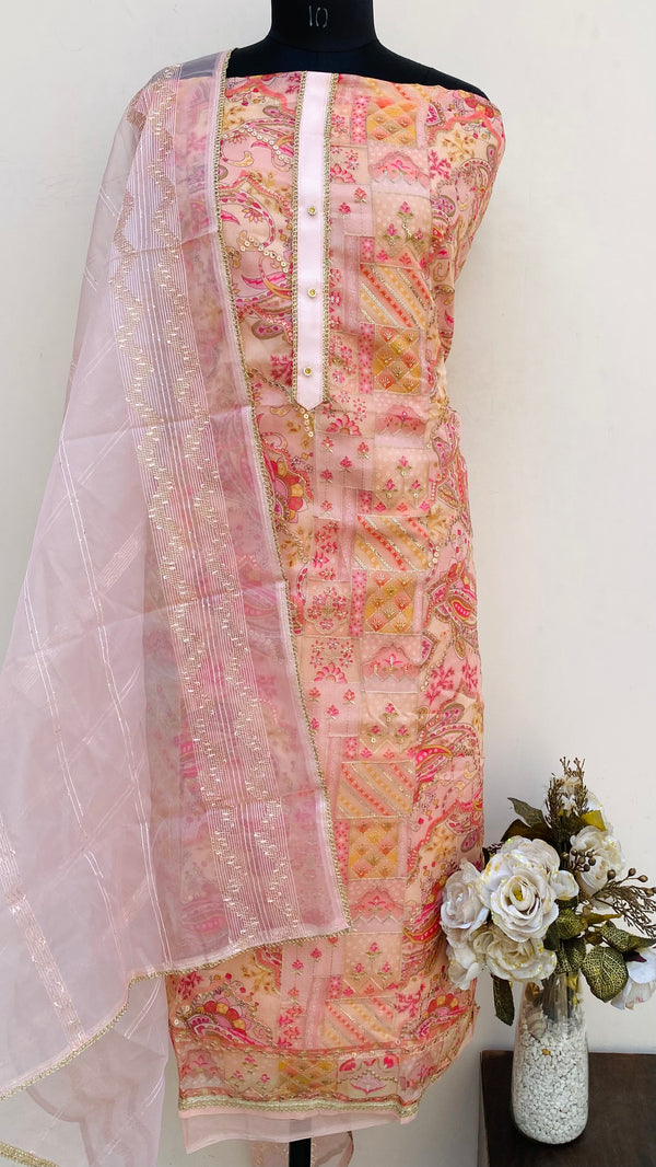 Designer Embroidered Suit Length 3 Piece Pink Organza With Sequence Work