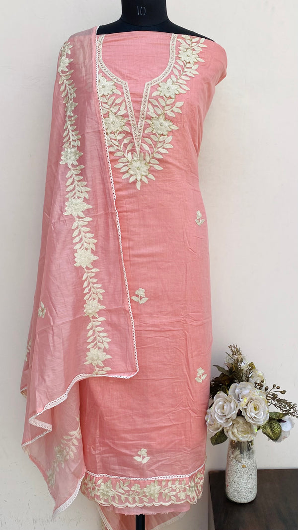 Designer Embroidered Suit Length 3 Piece Pink Mal Chanderi With Pearl & Cutdana Work