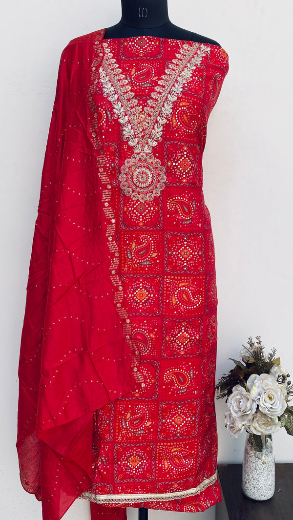 Designer Embroidered Suit Length 3 Piece Red Muslin Cotton With Sequence Work