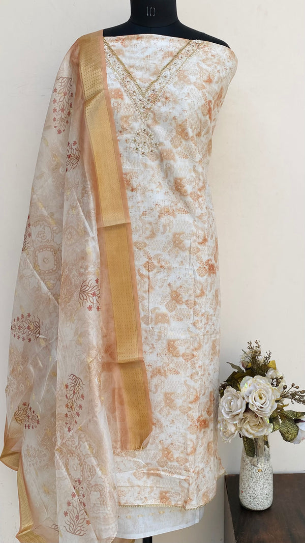 Designer Embroidered Suit Length 3 Piece Cream Mal Chanderi With Pear & Cutdana Work