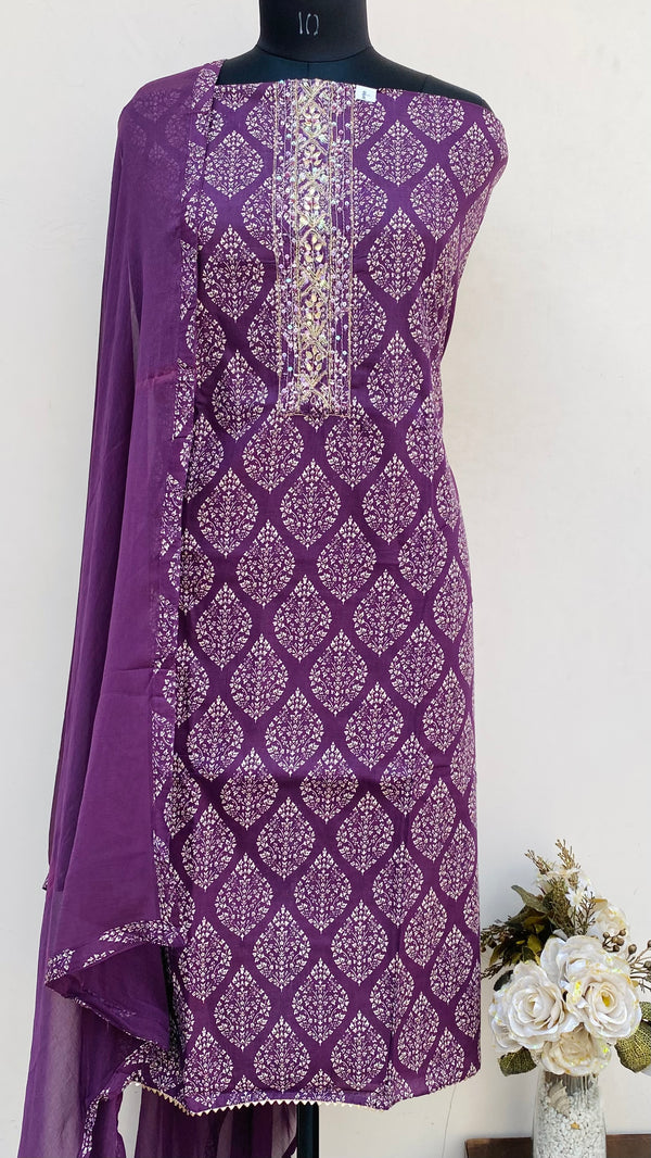 Designer Embroidered Suit Length 3 Piece Purple Mal Cotton With Sequence & Cutdana Work