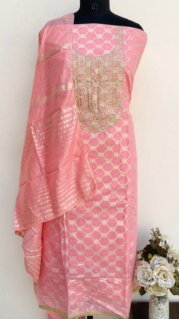Designer Embroidered Suit Length 3 Piece Pink Mal Chanderi With Sequence Work