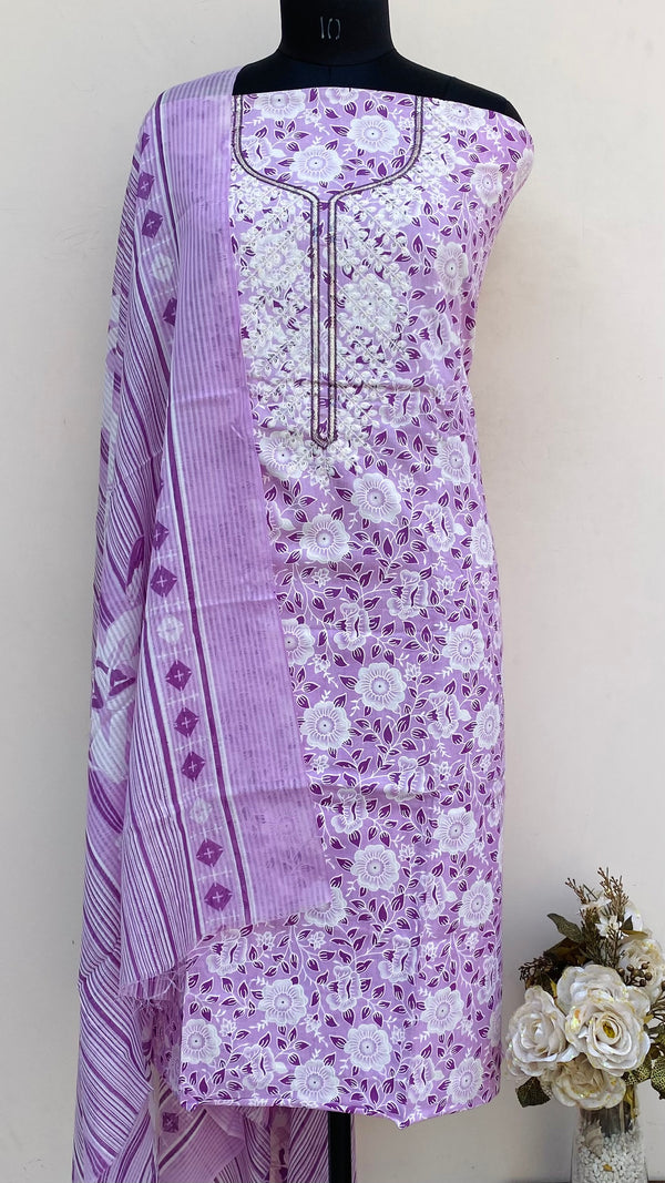 Designer Embroidered Suit Length 3 Piece Purple Mal Cotton With Sequence Work
