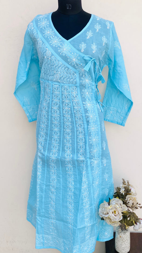 Lucknowi Chikankari Angrakha Kurti Blue Cotton