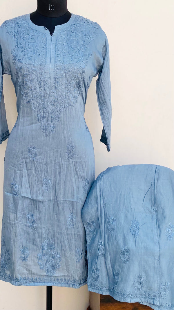 Lucknowi Chikankari Co-ord Set Gray Mal Chanderi With Self Work